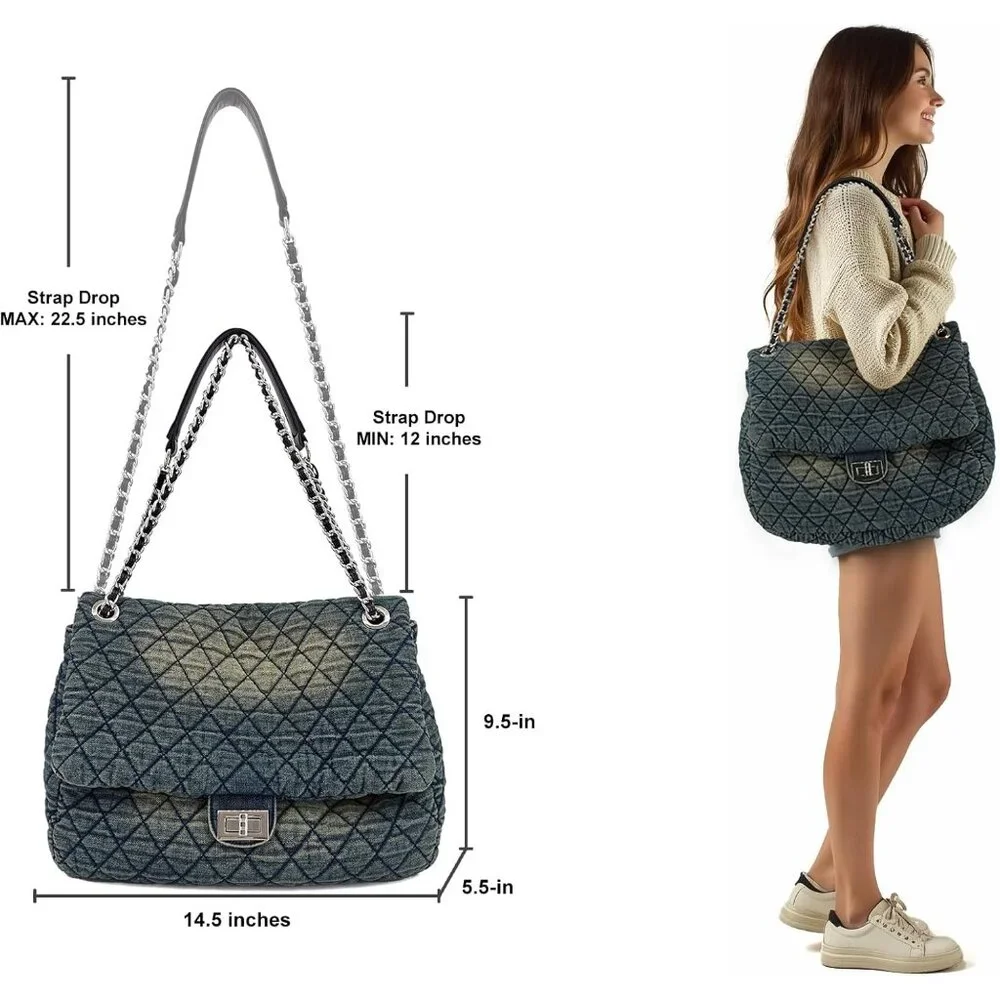 Luxurious Vintage Blue Denim Purse with Versatile Chain Straps & Flap Closure